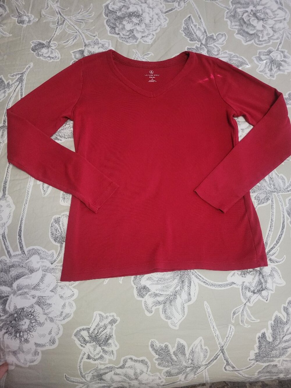 Lands' End Red Cotton  Long Sleeve  V-Neck T Shirt Small